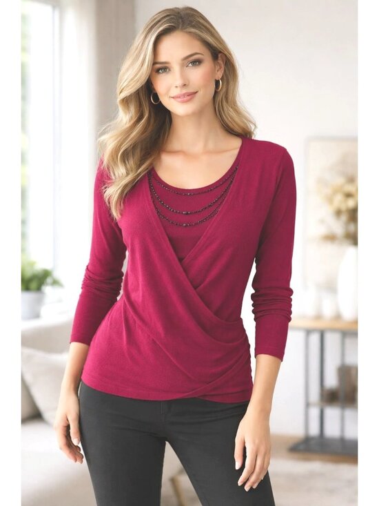 Apt. 9 Sweaters - Apt 9 Large Burgundy Beaded Faux Wrap Sweater Layered Y2K Work Glam Holiday Chic